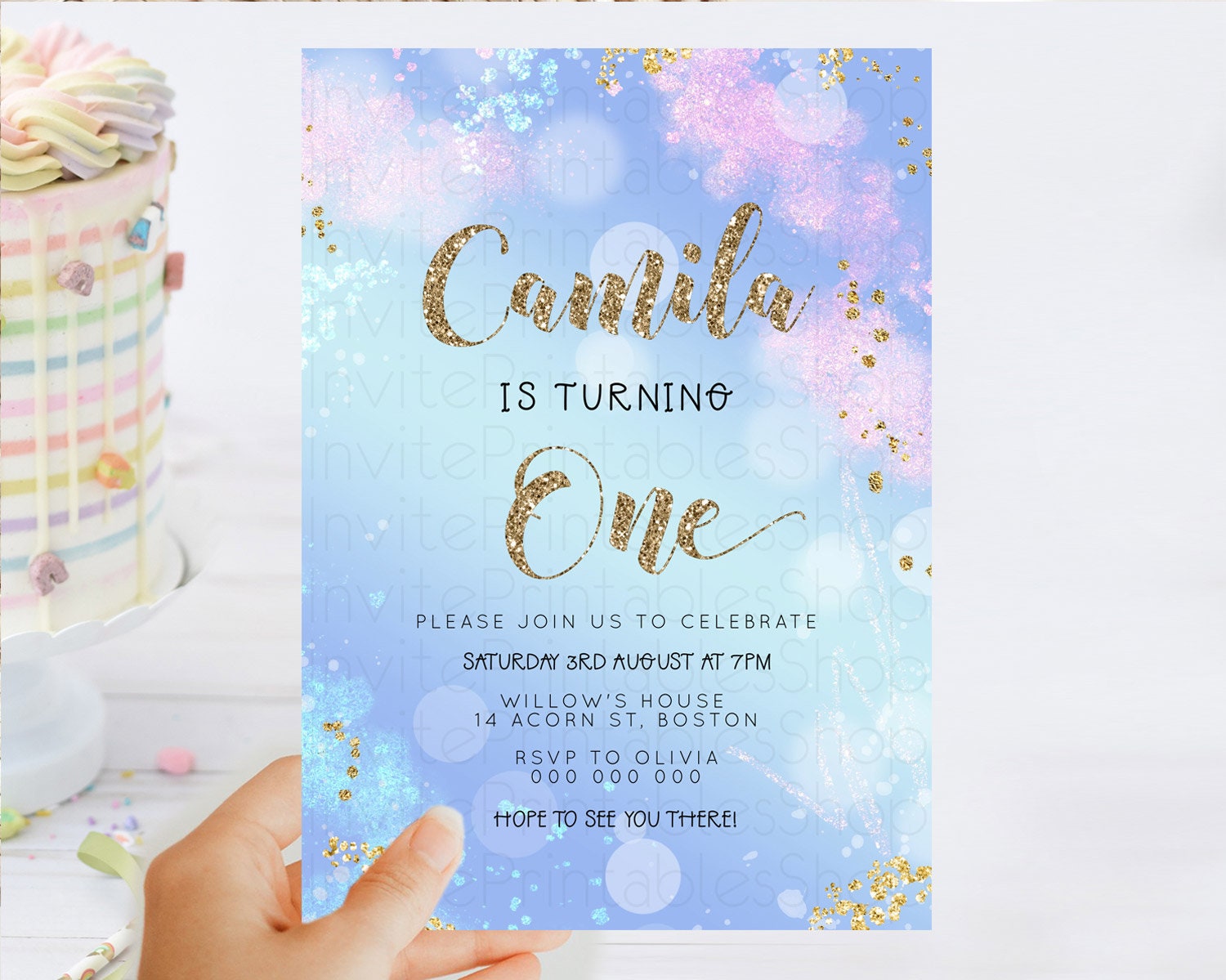 Editable Rainbow Birthday Invitation Colorful Pastel Watercolor Invitation G