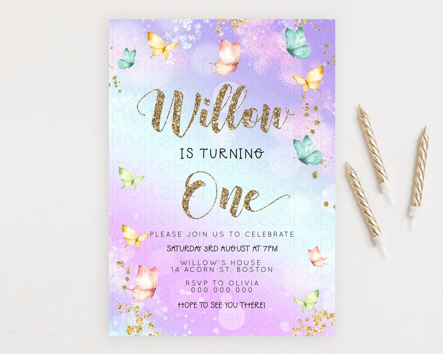 Pastel Butterfly Birthday Invitation Butterfly Birthday Invitation Colorful Splash Glitter Butterfly Garden 1st 2nd Birthday D23094