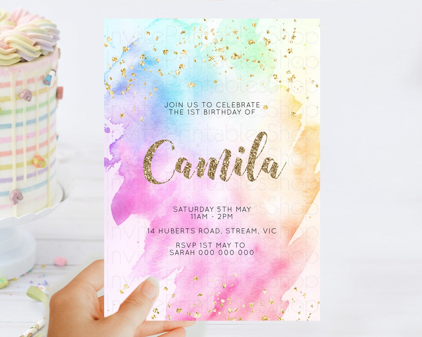 Rainbow Birthday Invitation Colorful Pastel Watercolor Invitation Gold Glitter Sprinkles Ombre Pastel 1st 2nd 3rd Birthday D10450