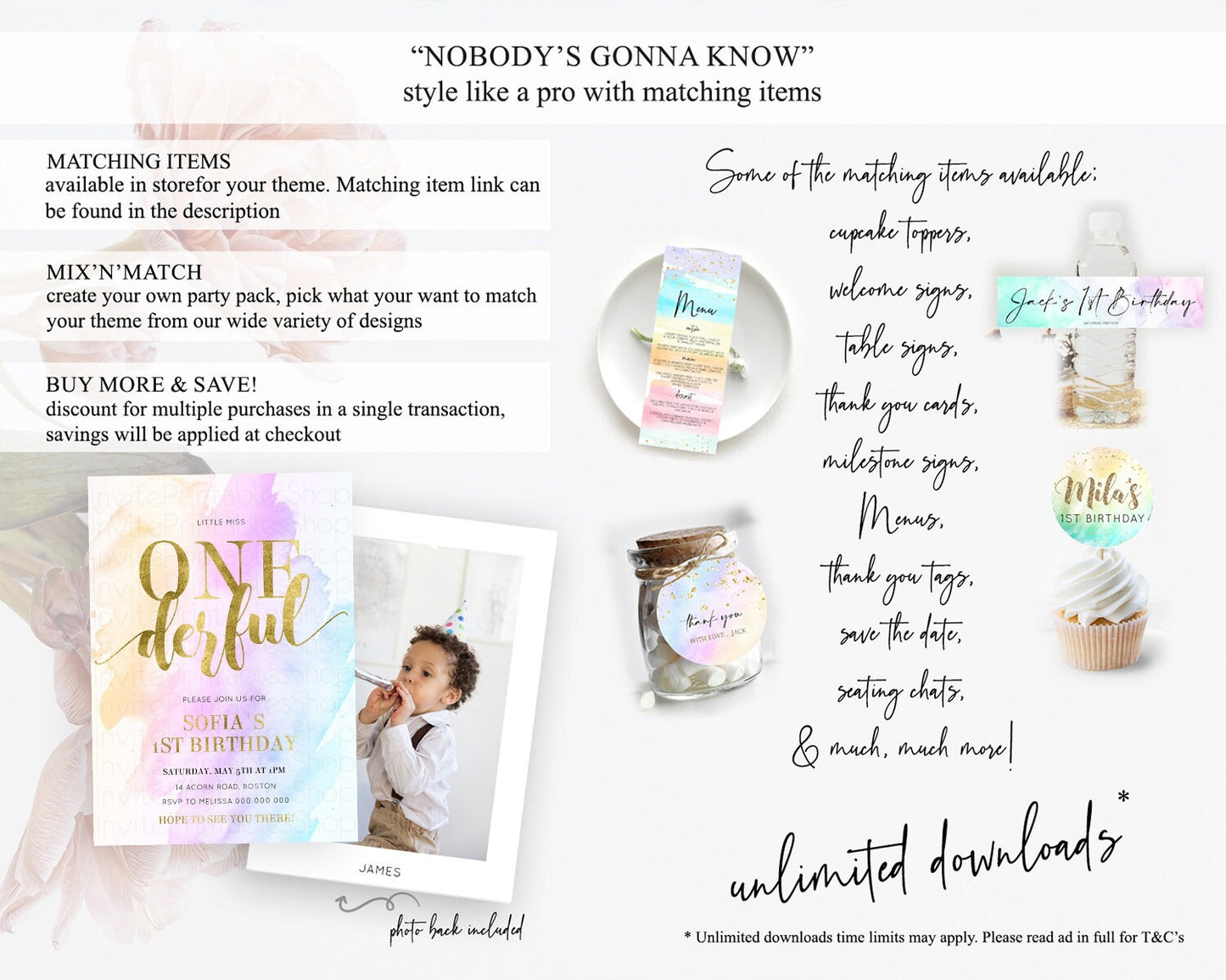 ONEderful Rainbow Birthday Invitation Colorful Pastel Watercolor Invitation Gold Glitter Sprinkles Ombre Pastel 1st Birthday D11027