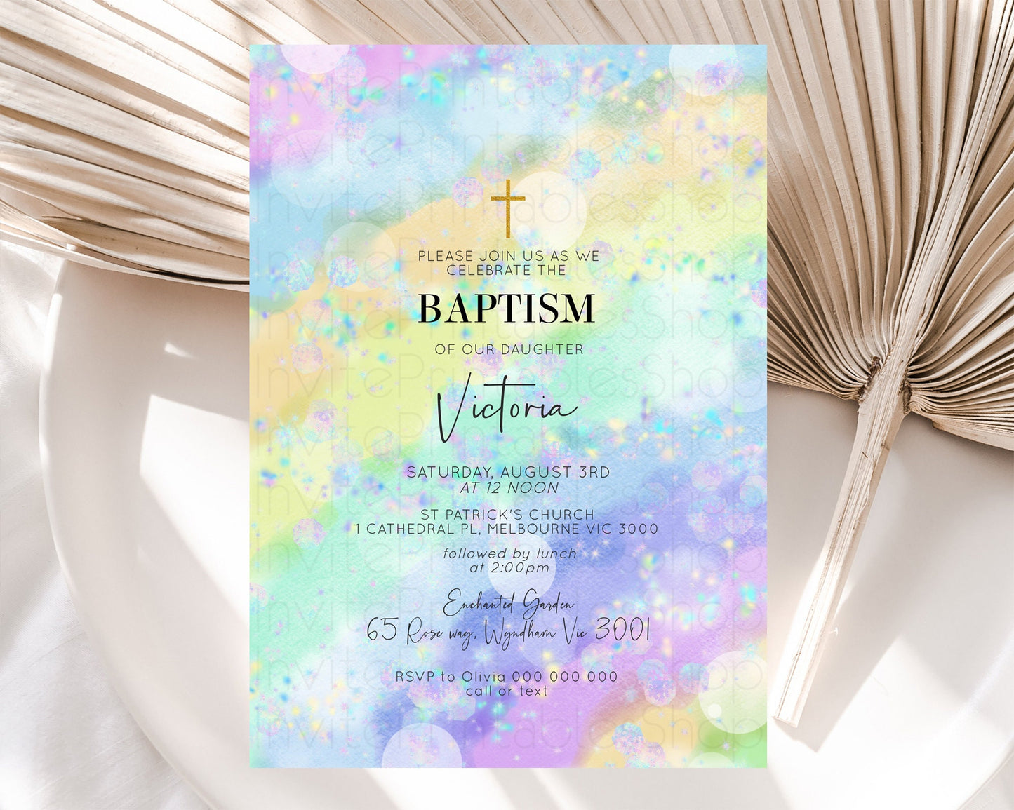 Rainbow Baptism Invitation Colorful Pastel Watercolor Baptism 1st Birthday Invitation Iridescent Glitter Sprinkles Ombre Christening D10689