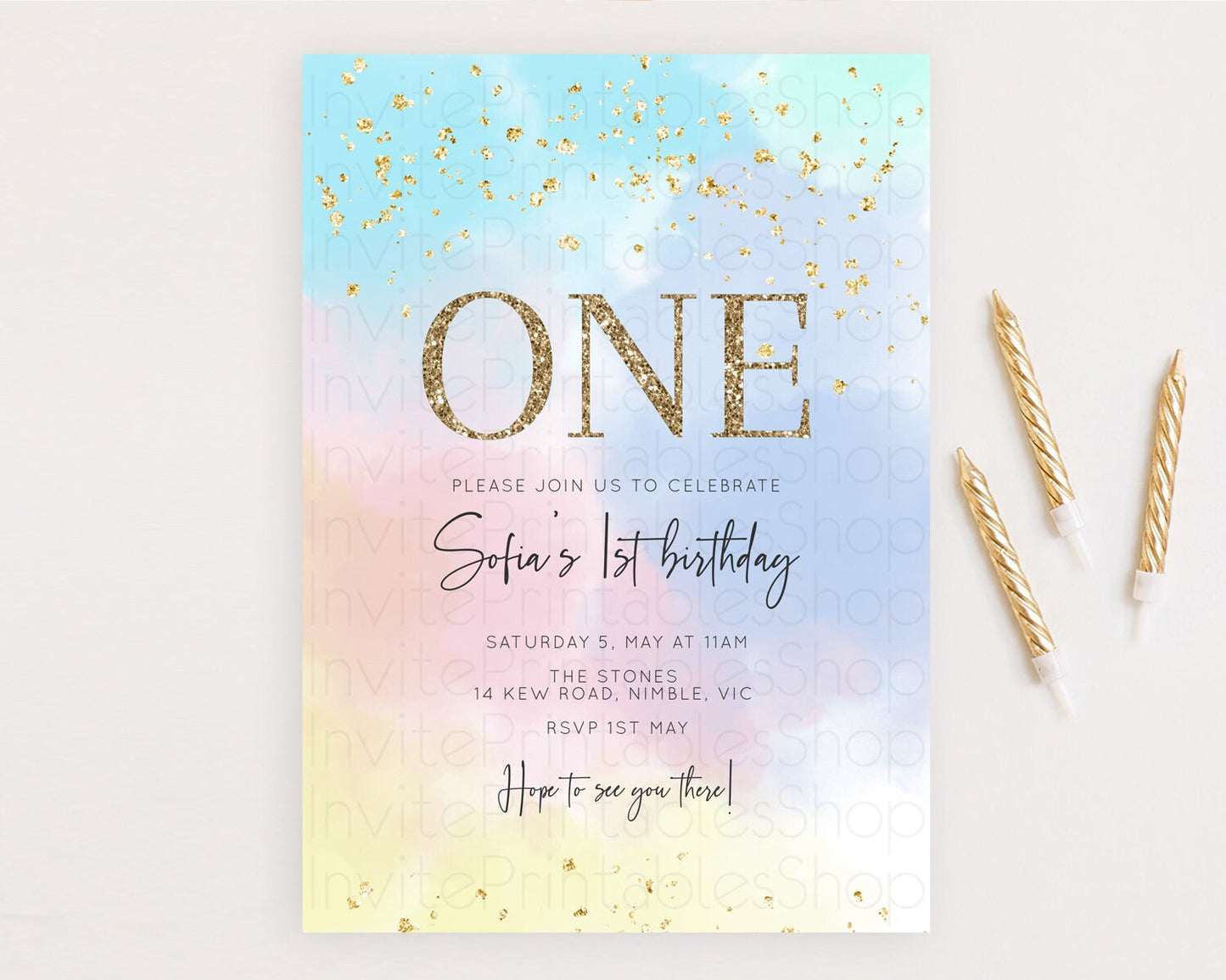 Rainbow Birthday Invitation Colorful Pastel Watercolor Invitation Gold Glitter Sprinkles Ombre Pastel 1st 2nd 3rd Birthday D10368