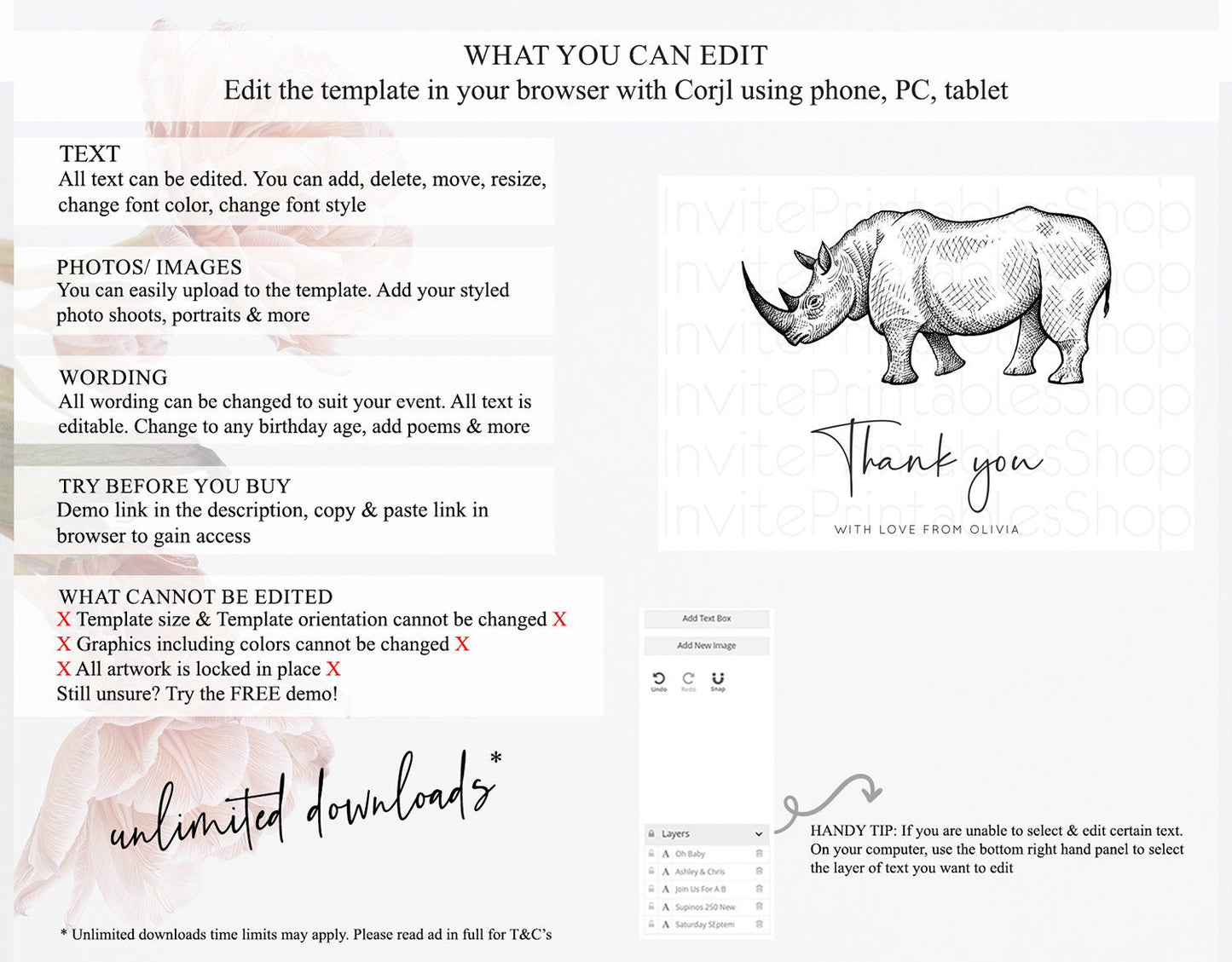 Rhino Thank You Rhino Thank You Card Rhino Birthday Thank You Card Rhino Card Template First Birthday Rhino Teacher Thank You Cards D10253