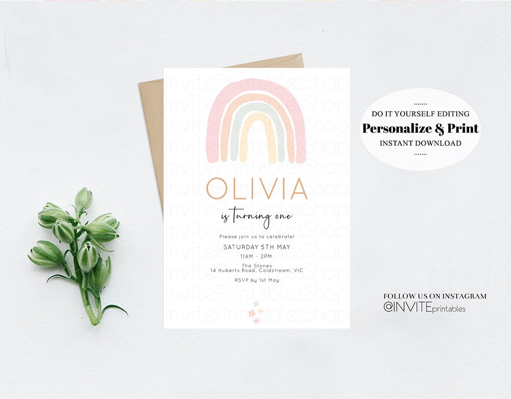 Rainbow Birthday Invitation Pastel Colorful Twinkle Stars Heart Watercolor Pink Blue Green Yellow Simple Modern Printable Template Invite