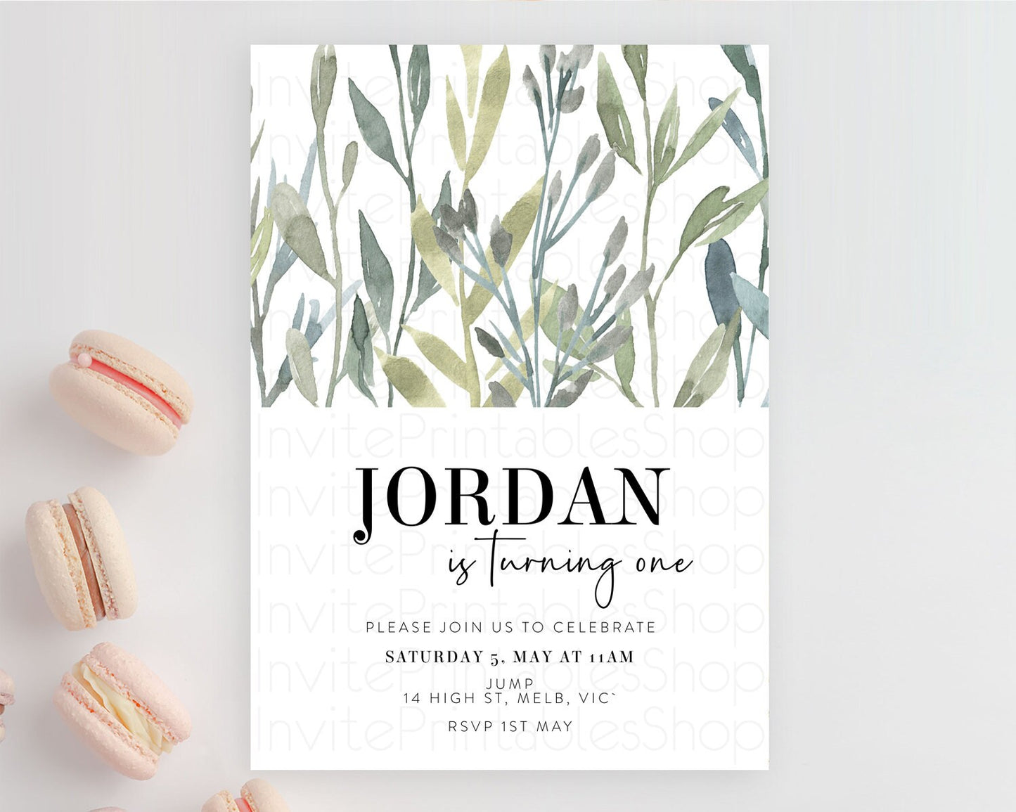 Leafy Birthday Invitation Leafy Invitation Simple Greenery Invitation Eucalyptus Fern Spray Leaves Minimal Green Leaf Watercolour D11060