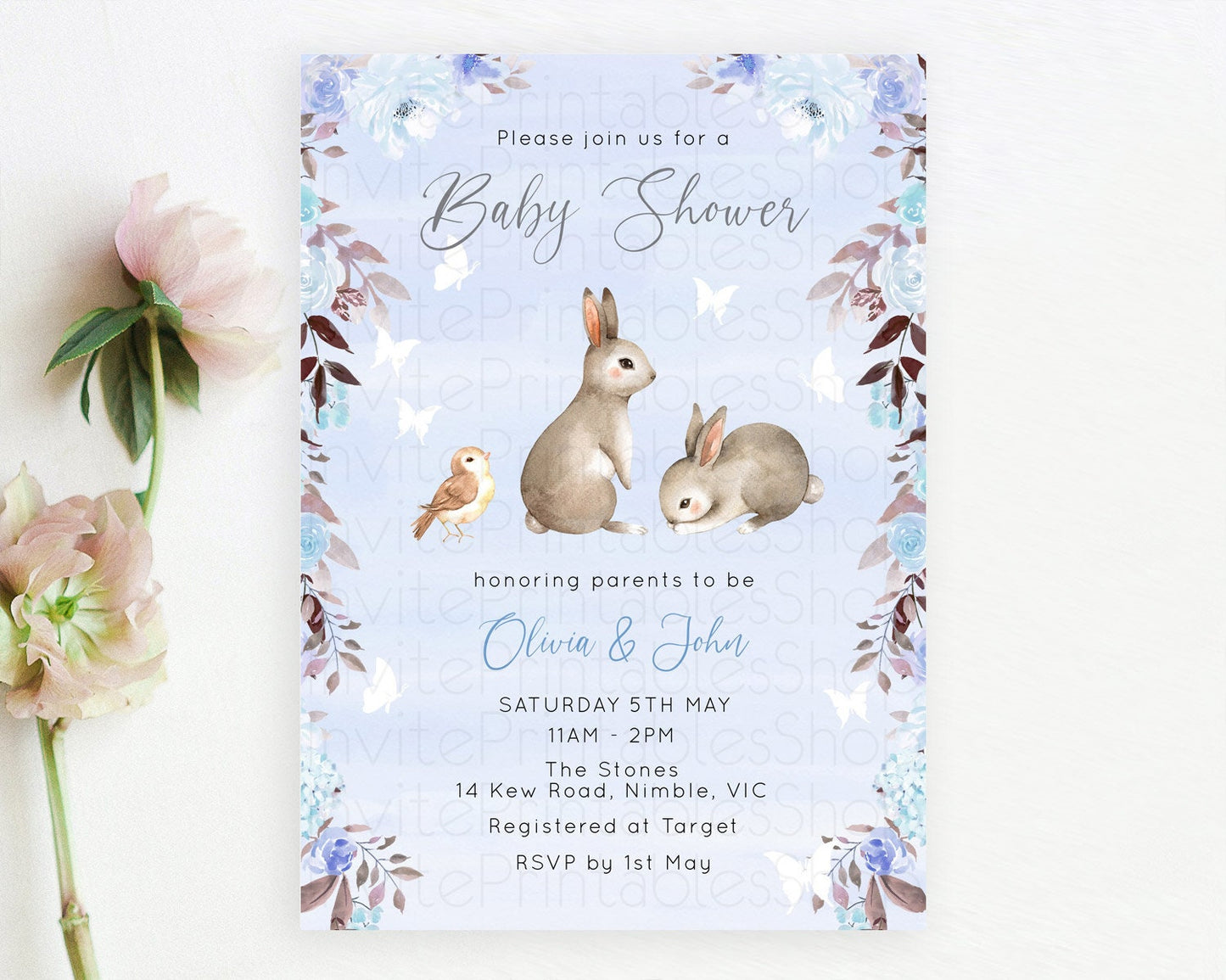 Bunny Baby Shower Invitation, Bunny Invitation, Enchanted Forest Theme, Secret Garden Pastel Blue Floral, Rabbit, Butterfly, Woodland D10923