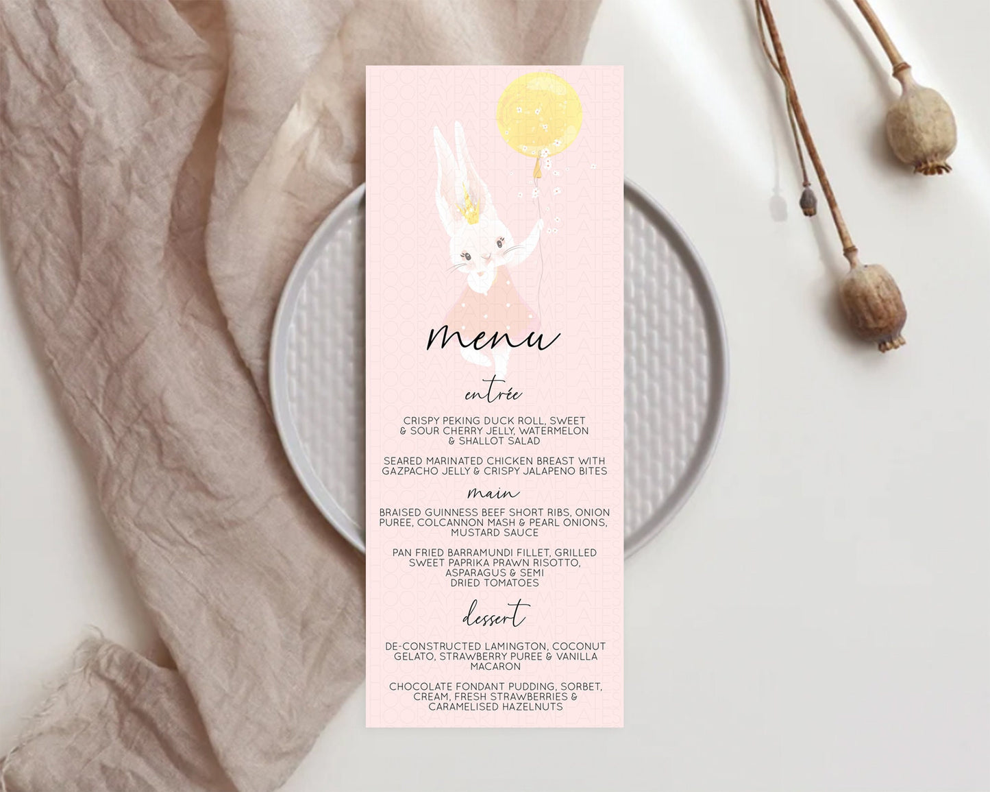 Bunny Menu Bunny Balloon Menu Template Colorful Pastel Confetti Table Decor Sprinkles Bunny Dinner Dessert Menu Party Food Menu D10219