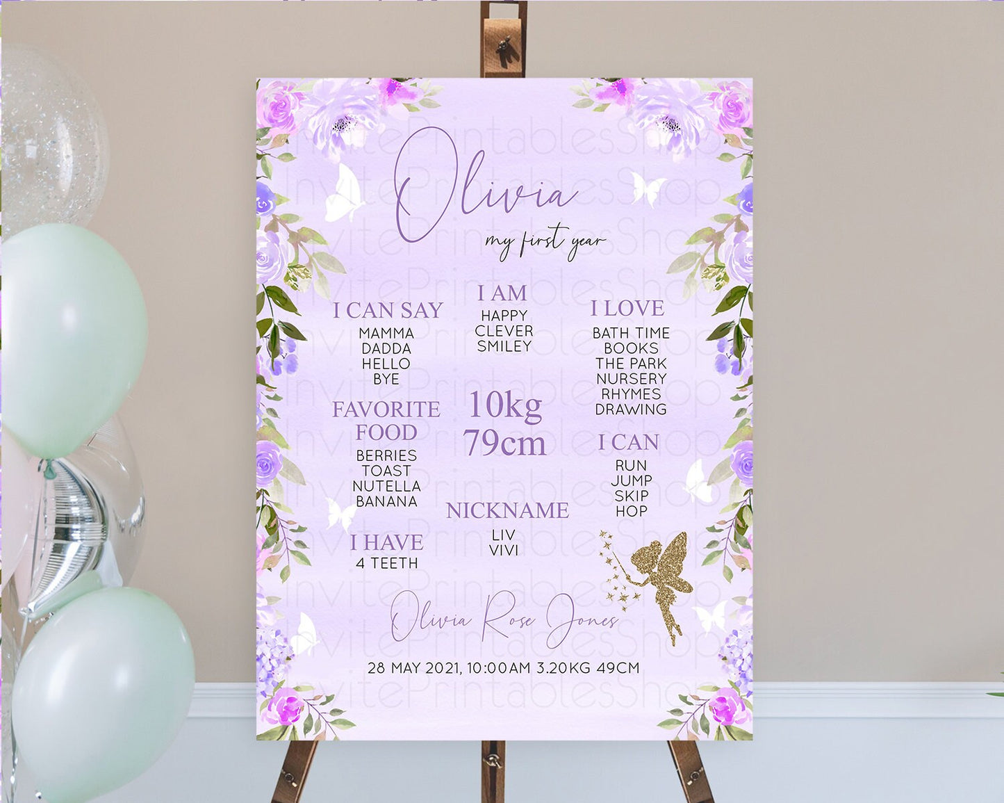 Fairy First Birthday Milestone Poster Fairy Secret Garden Milestone Board Enchanted Garden Pastel Floral Butterfly 1st Birthday Sign D10910