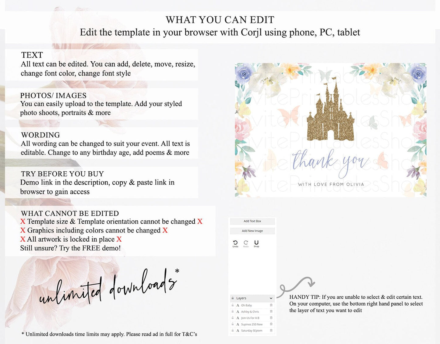 Princess Thank You Castle Thank You Card Secret Garden Birthday Thank You Card Enchanted Castle Pastel Floral Teacher Thank You Card D10931