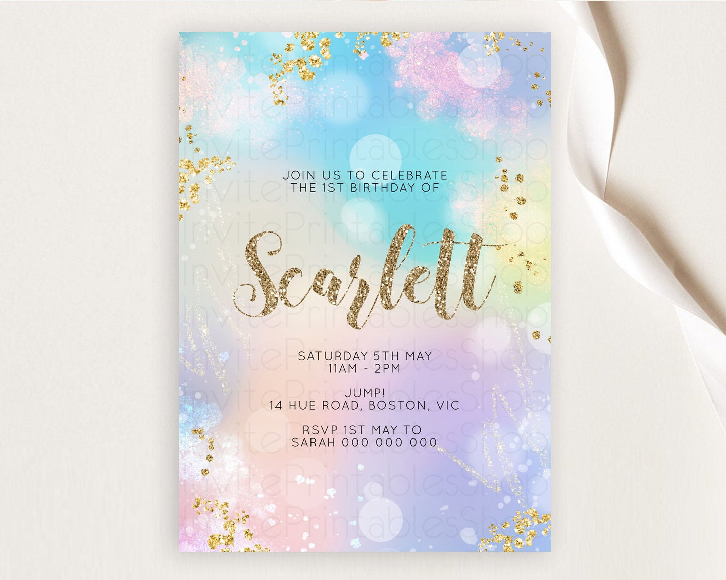 Rainbow Birthday Invitation Colorful Pastel Watercolor Invitation Gold Glitter Sprinkles Ombre Pastel 1st 2nd 3rd Birthday D10677