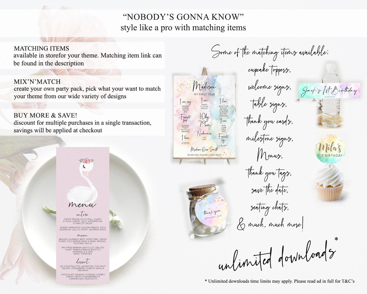 Swan Menu Swan Princess Ballet Menu Template Enchanted Swan Lake Table Decor Secret Garden Pastel Floral Dinner Dessert Food Menu D10758