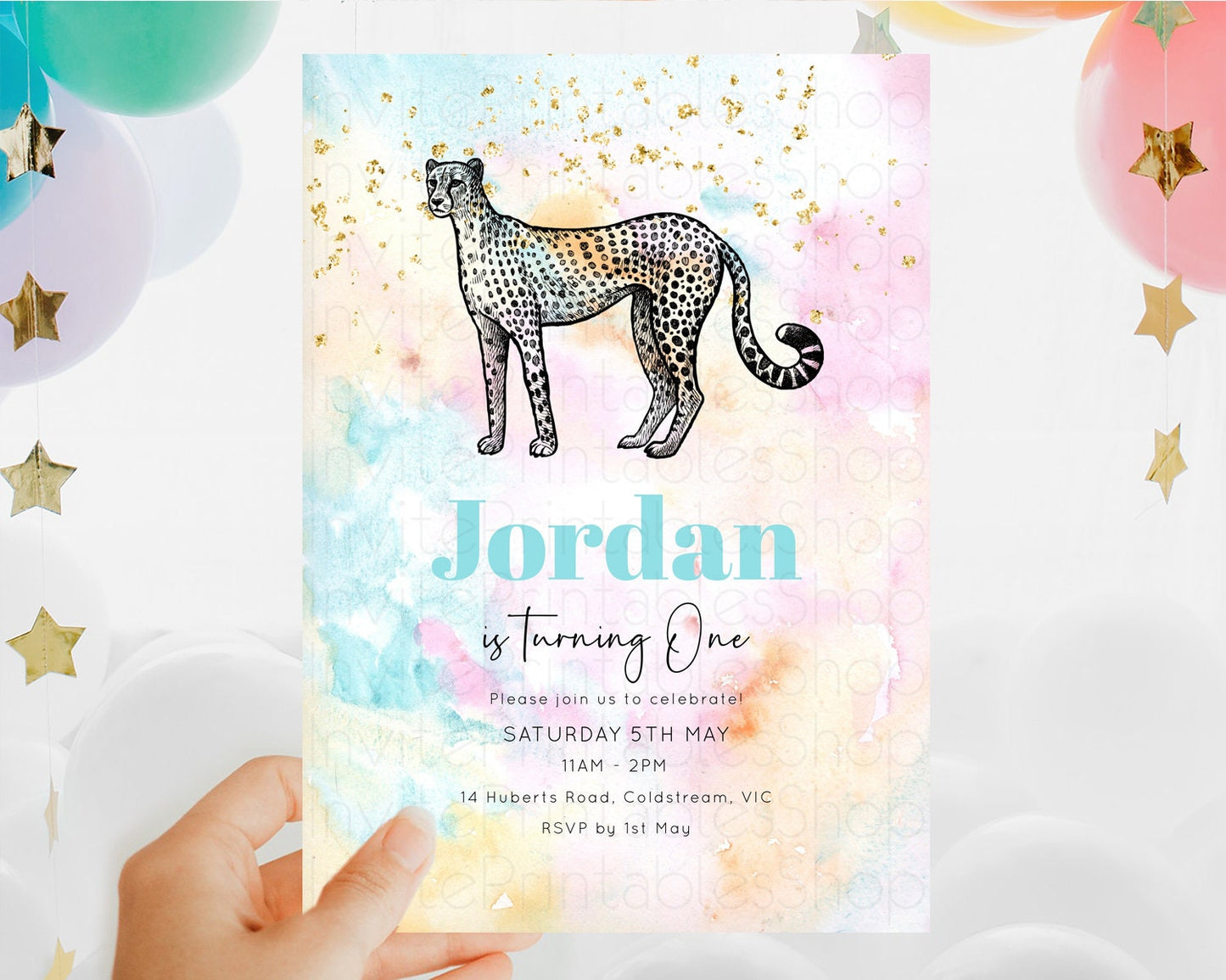 Cheetah Birthday Invitation Cheetah Invitation Cheetah Birthday Pastel Watercolor Cheetah Invitation Rainbow Cheetah Invitation D10289