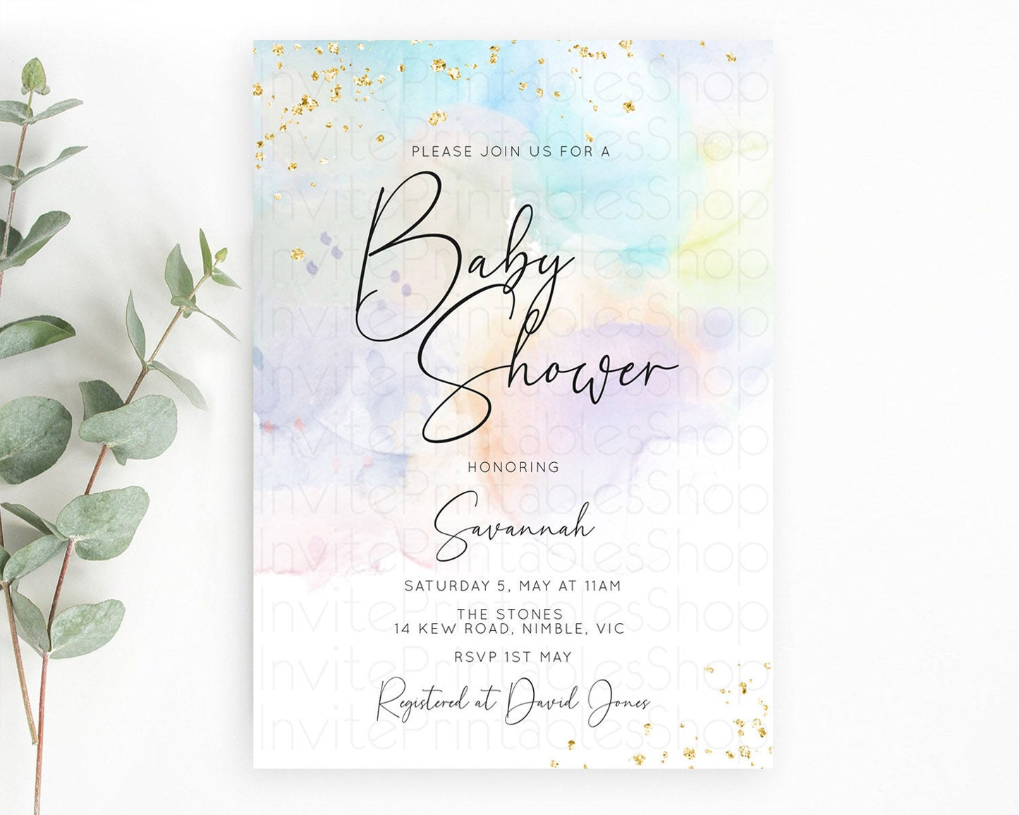 Pastel Baby Shower Invitation Rainbow Baby Shower Invitation Colorful Pastel Watercolor Invitation Gold Glitter Sprinkles Ombre D10769