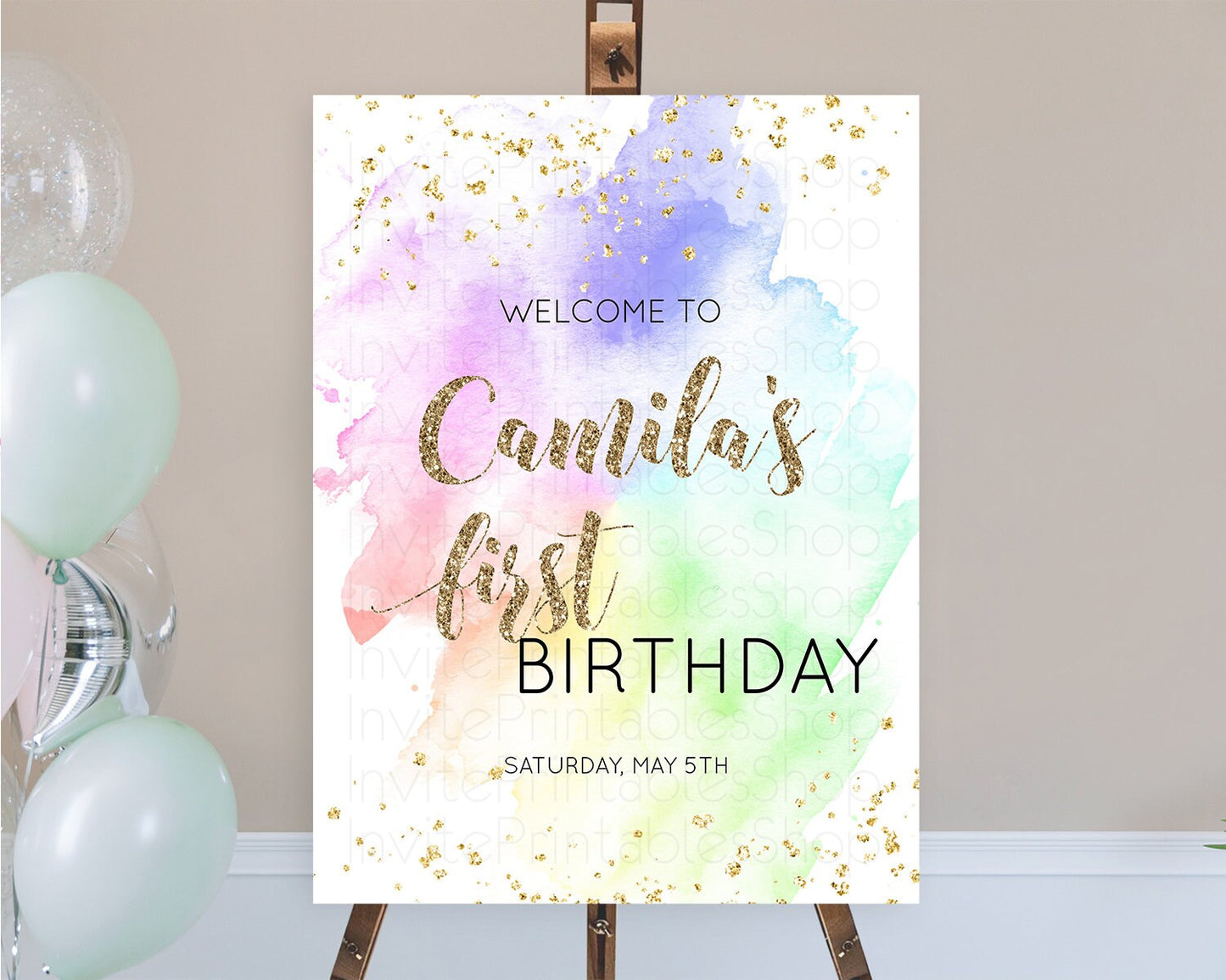 Pastel Welcome Sign Pastel Rainbow Welcome Sign Colorful Rainbow Confetti Watercolor Glitter Pastel First Birthday Welcome Sign D10319