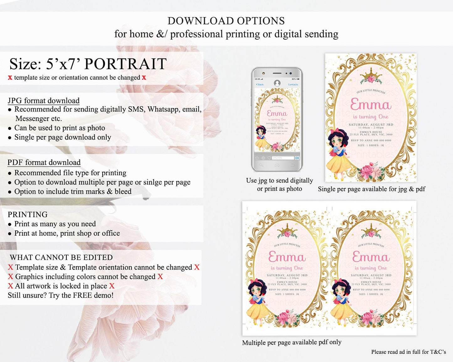 Princess Birthday Invitation Castle Invitation Royal Birthday Fairy Tale Enchanted Mirror Pastel Floral Garden 1st First Birthday D10127