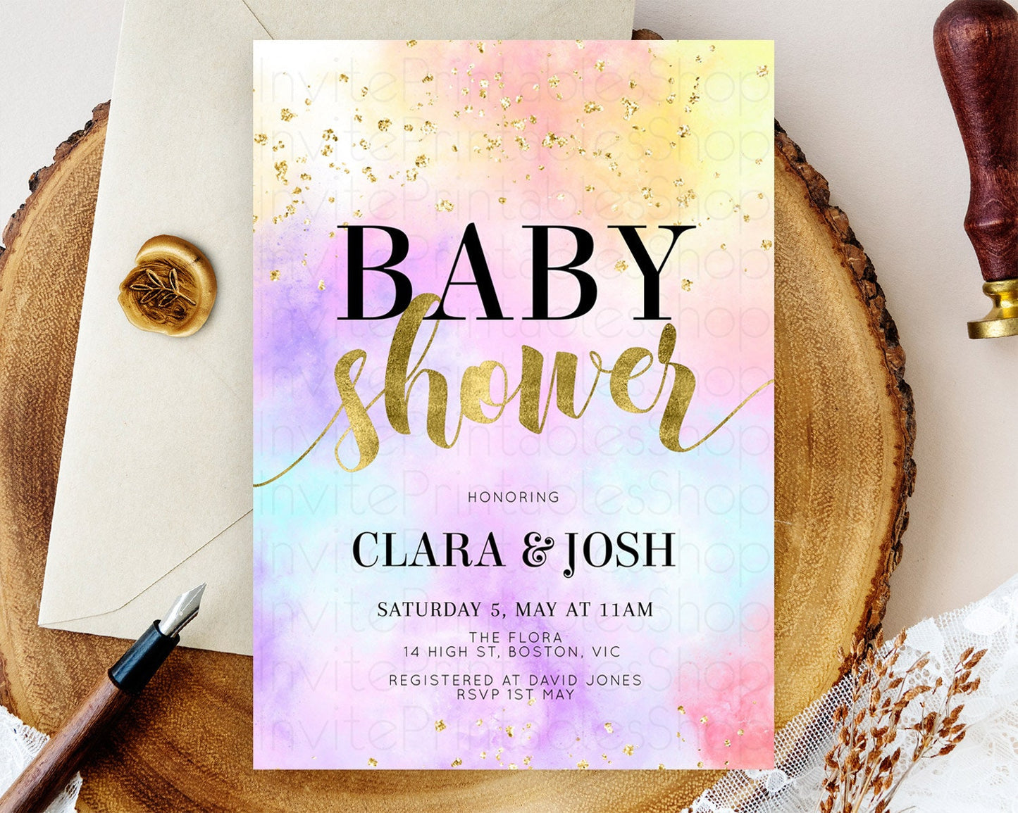 Pastel Baby Shower Invitation Rainbow Baby Shower Invitation Colorful Pastel Watercolor Invitation Gold Glitter Sprinkles Ombre D10435