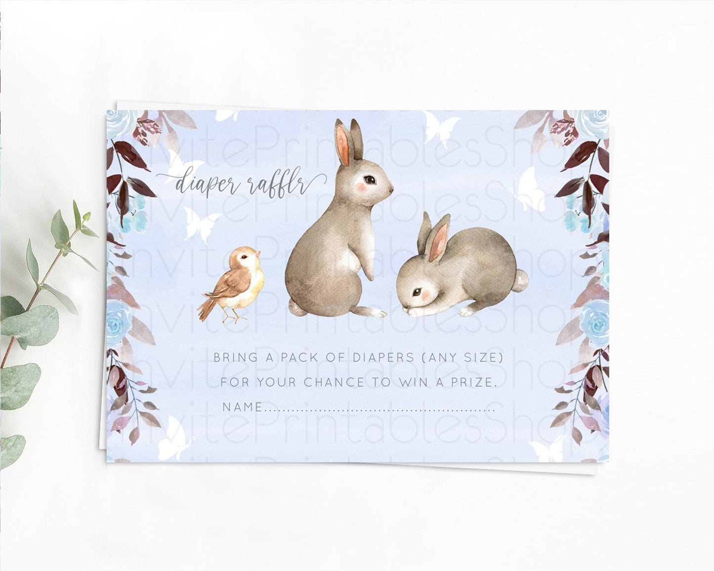 Bunny Diaper Raffle Card Floral Bunny Diaper Raffle Insert Pastel Flowers Woodland Bunny Diaper Ticket Forest Bunny Raffle Game D10923