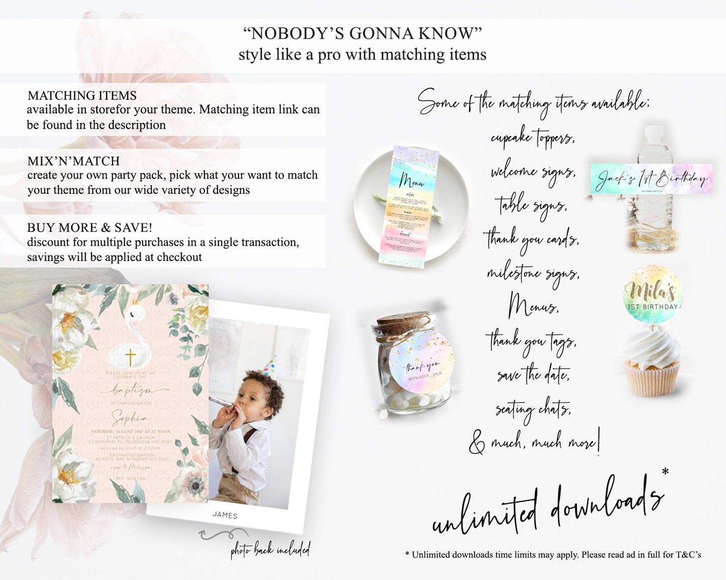 Swan Lake Baptism Invitation Swan Princess Ballet Baptism 1st Birthday Enchanted Forest Secret Garden Watercolour Pastel Floral D10115