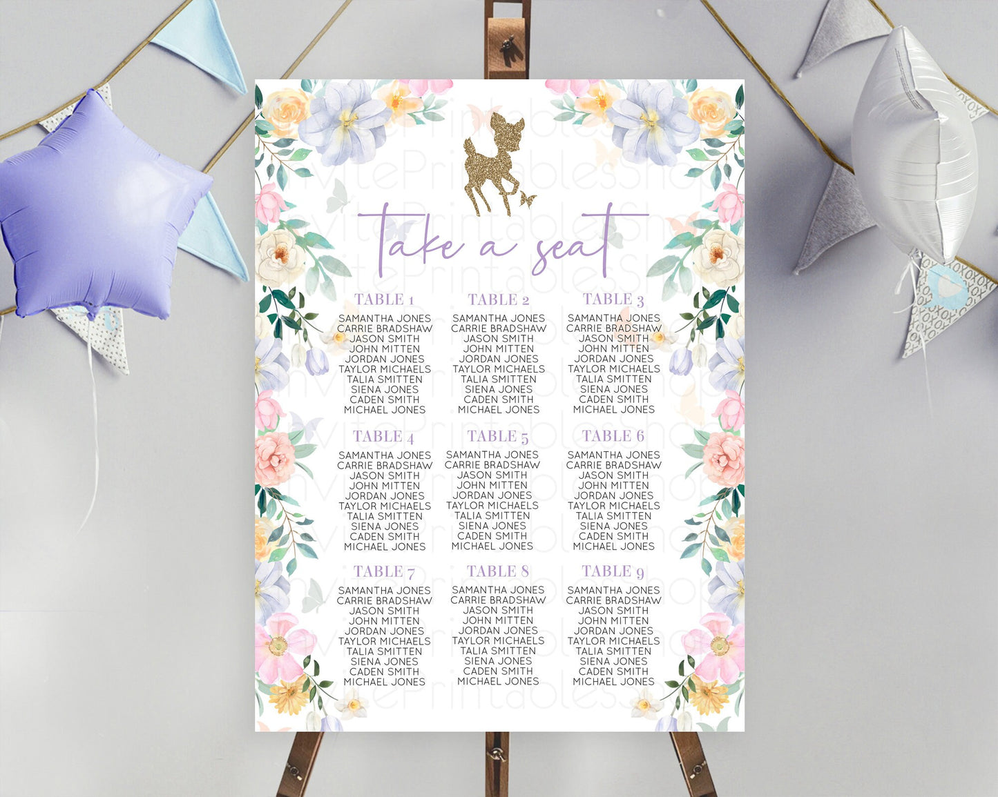 Fawn Seating Chart Deer Seating Chart Enchanted Forest Party Butterfly Pastel Flowers Whimsical Seating Chart Woodland Seating Sign D10477