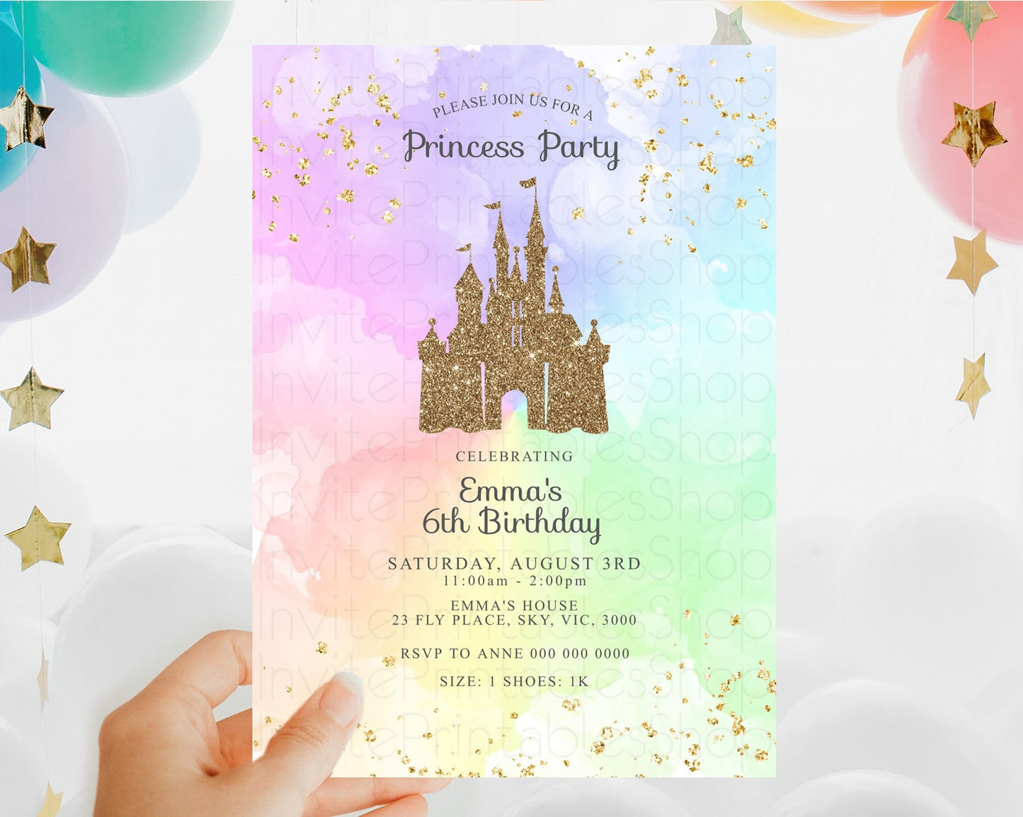 Princess Birthday Invitation Princess Invitation Pastel Invitation Royal Birthday Rainbow Color Enchanted Castle 1st First Birthday D10703