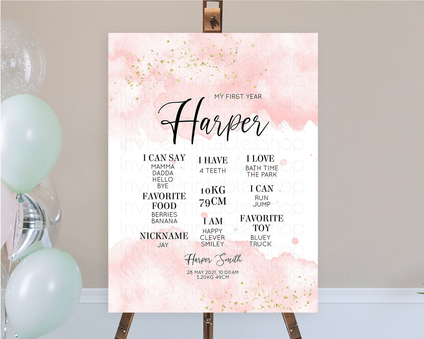 Pink First Birthday Milestone Poster Pink Watercolor Milestone Board Pastel Pink Watercolor Splash Milestone Board 1st Birthday D10328