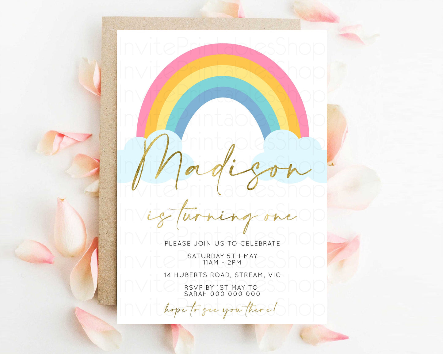 Rainbow Birthday Invitation Colorful Pastel Invitation Heart Rainbow Invite Watercolor Pink Blue Yellow Clouds 1st 2nd 3rd Birthday 190