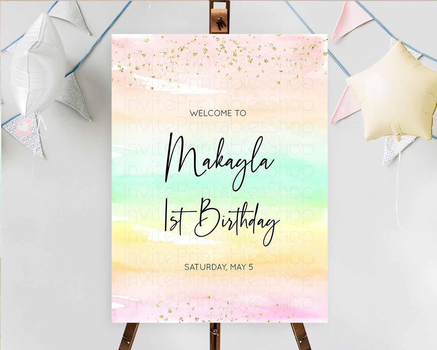 Pastel Welcome Sign Pastel Rainbow Welcome Sign Colorful Rainbow Confetti Watercolor Glitter Pastel First Birthday Welcome Sign D10591