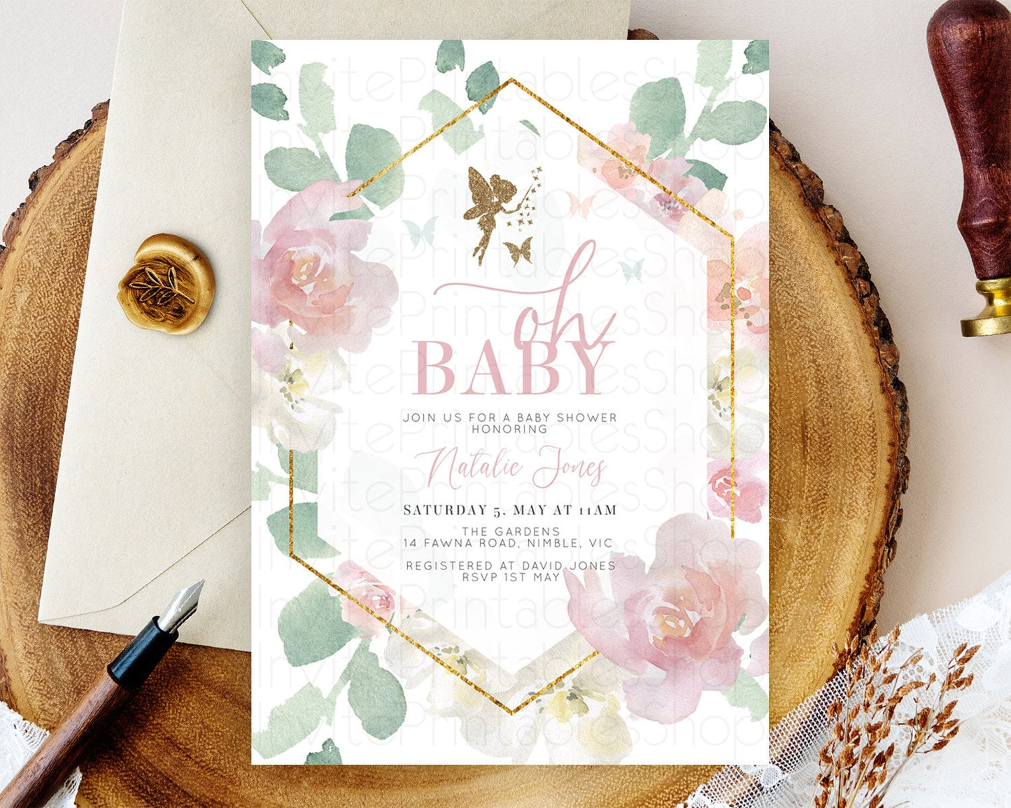 Fairy Baby Shower Invitation: Soft Pink Floral Tea Party, Enchanted Fairy Garden Flowers with Gold Glitter - Secret Garden Theme D10965