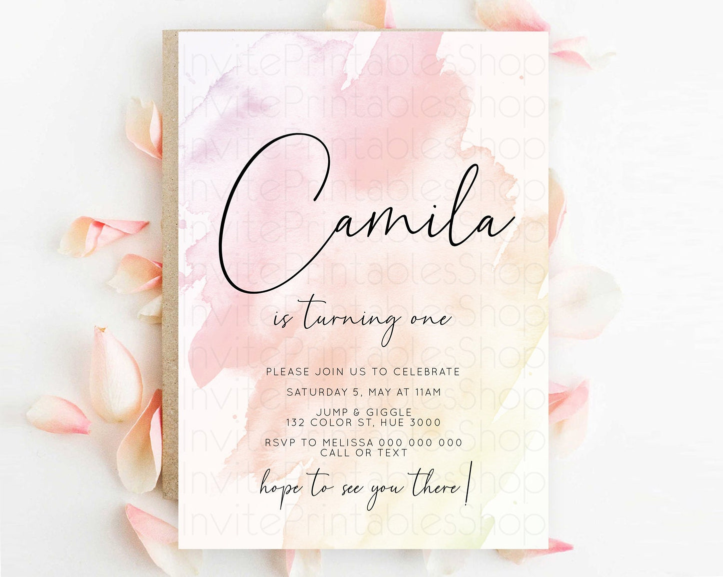 Pink Birthday Invitation pink Watercolor Invitation Pastel pink Watercolor Invitation pink Splash Gold Invitation 1st First Birthday D10164