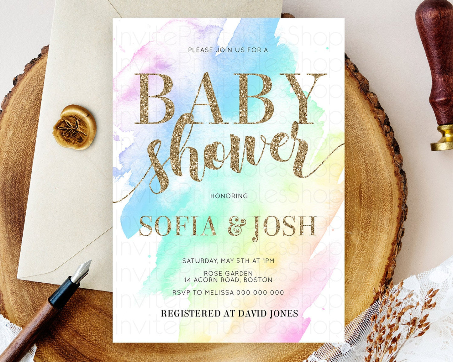 Pastel Baby Shower Invitation Rainbow Baby Shower Invitation Colorful Pastel Watercolor Invitation Gold Glitter Sprinkles Ombre D10637