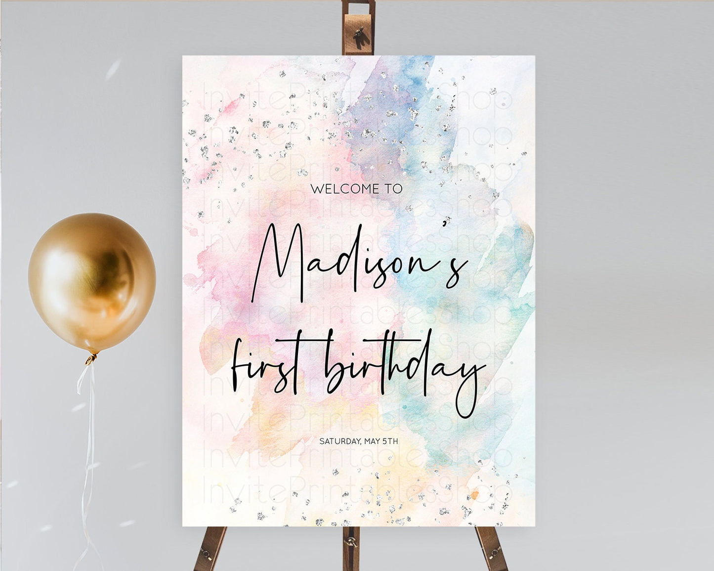 Pastel Rainbow Welcome Sign Pastel Welcome Board Pastel Colorful Party Poster Confetti Watercolor Silver First Birthday Welcome Sign D10945