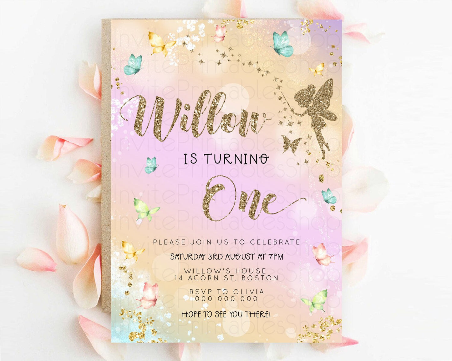 Pastel Fairy Birthday Invitation Pastel Butterflies Fairy Birthday Invitation Rainbow Ombre Watercolor 1st 2nd Birthday Invitation D23158