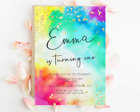 Tie Dye Rainbow Birthday Invitation Colorful Pastel Invite Ombre Watercolor Invite Rainbow Splash Glitter Sprinkle Invite 1st 2nd 3rd 511