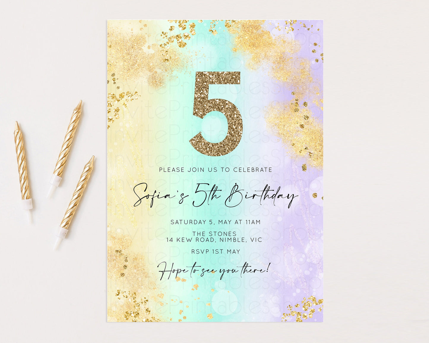 Rainbow Birthday Invitation Pastel Birthday Invite Ombre Watercolor Invite Enchanted Theme Colorful Splash Glitter Sprinkles 1st 2nd 3rd