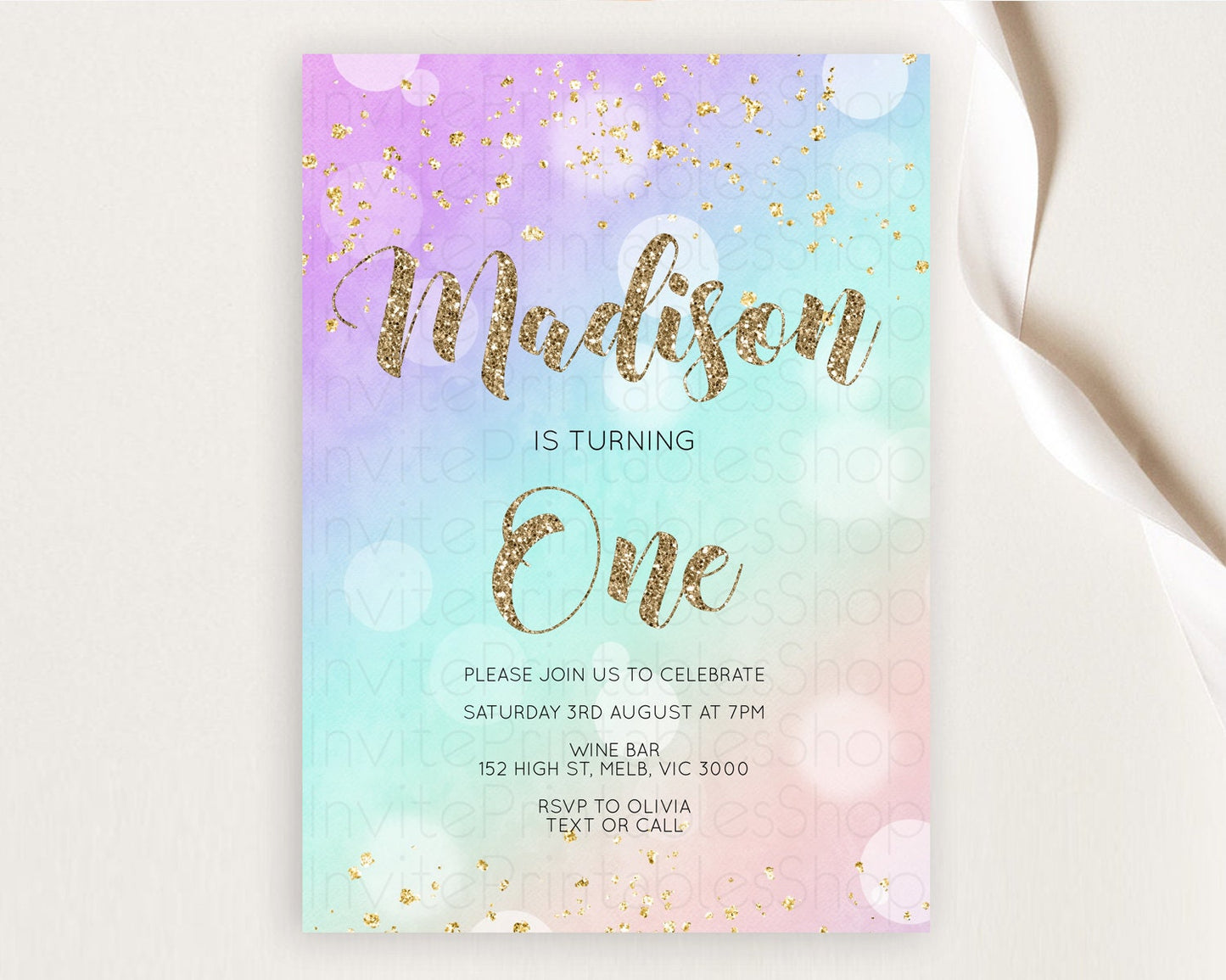 Rainbow Birthday Invitation Colorful Pastel Watercolor Invitation Gold Glitter Sprinkles Ombre Pastel 1st 2nd 3rd Birthday D10621