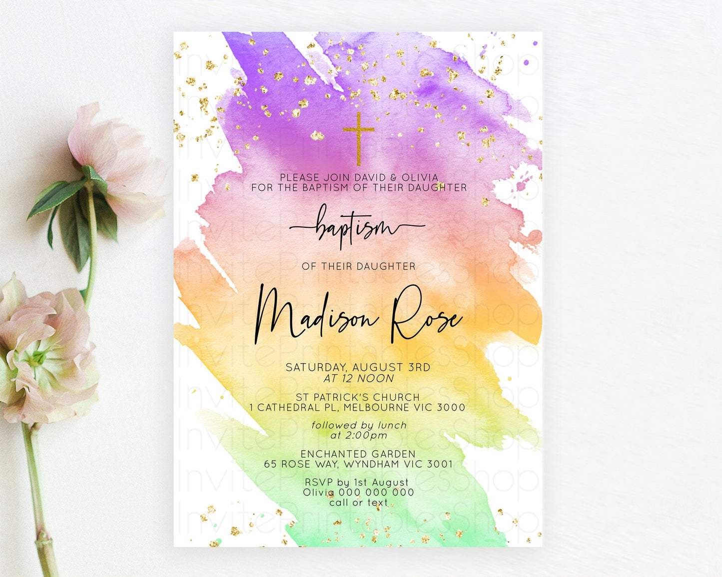 Pastel Baptism Invitation Pastel Colors Watercolor Baptism 1st Birthday Party Gold Ombre Pastel Rainbow Christening Holy Communion D10518