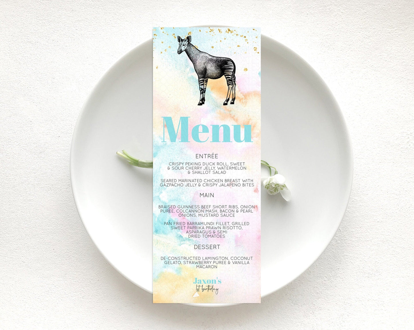 Pastel Okapi Menu Rainbow Okapi Menu Template Rainbow Colorful Safari Adventure Decor Okapi Pastel Dinner Dessert Party Food Menu D10282