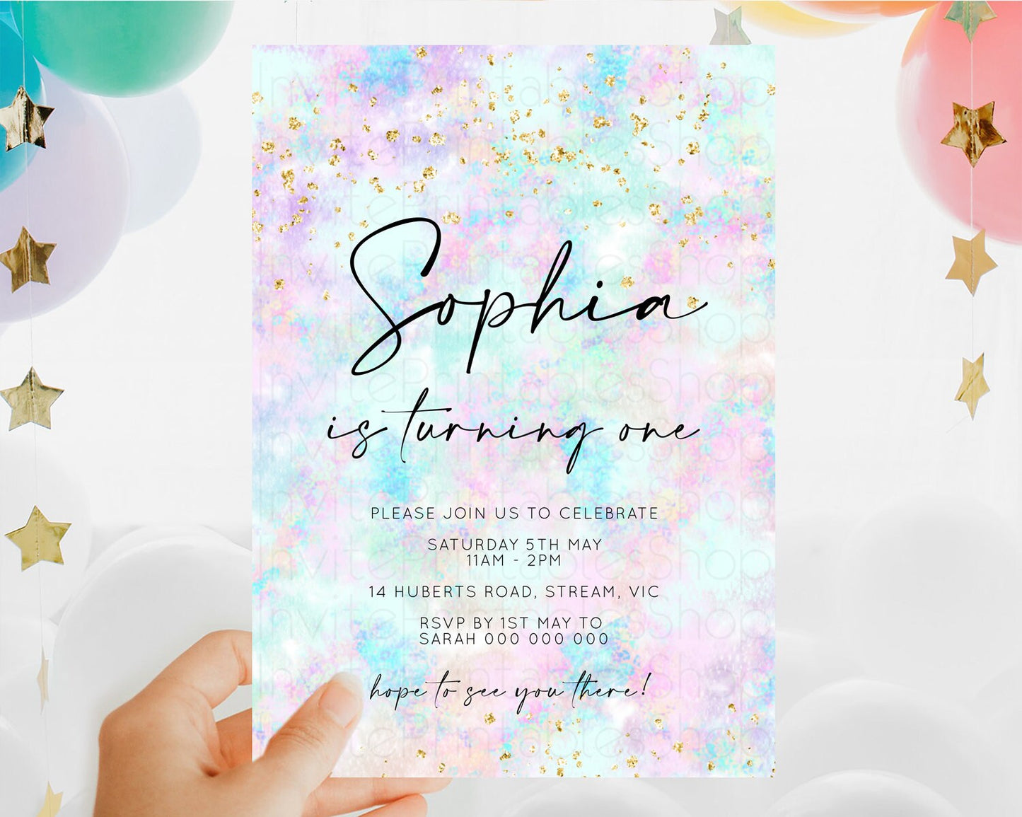 Rainbow Birthday Invitation Colorful Pastel Watercolor Invitation Gold Glitter Sprinkles Ombre Pastel 1st 2nd 3rd Birthday D10652