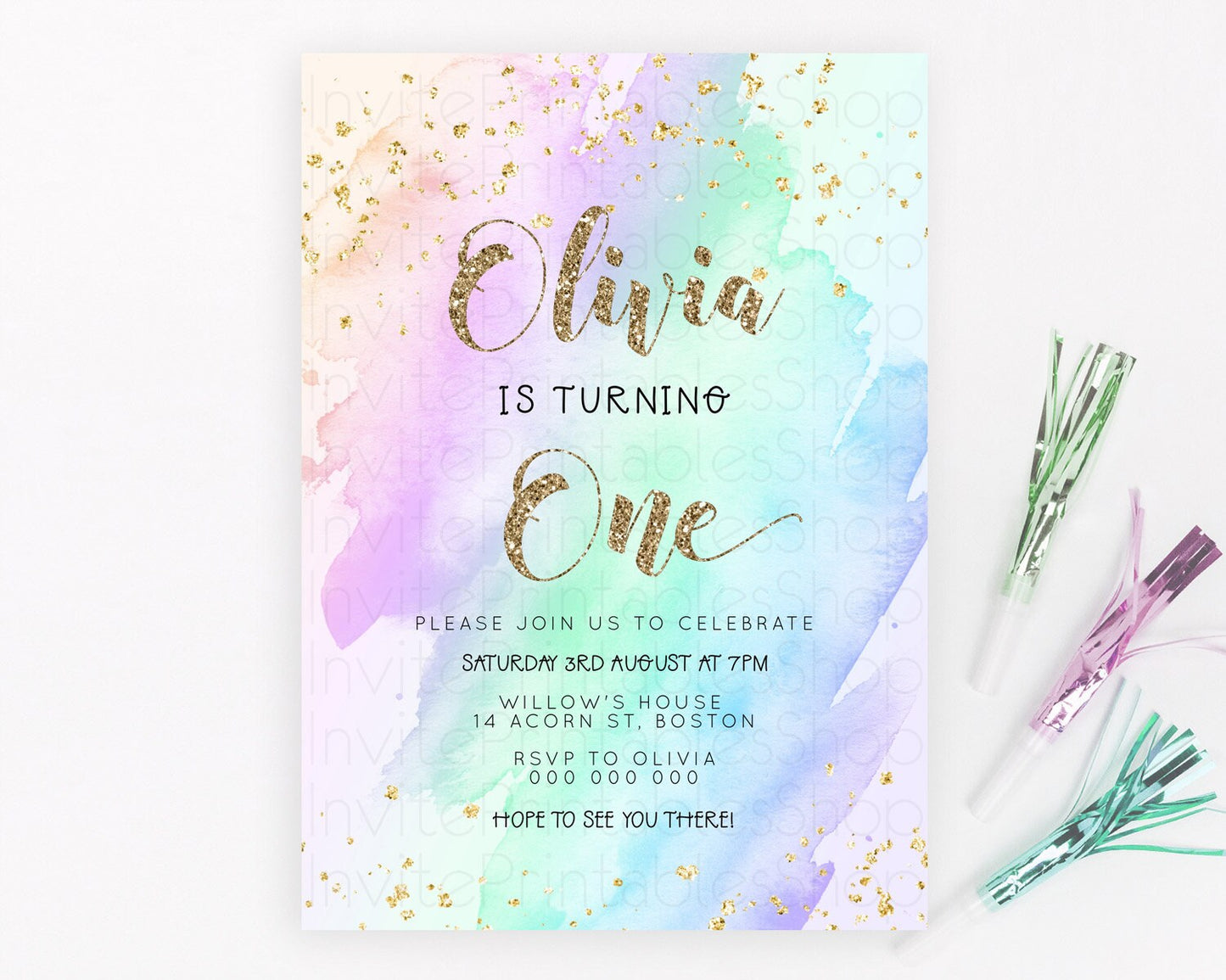 Rainbow Birthday Invitation Colorful Pastel Watercolor Invitation Gold Glitter Sprinkles Ombre Pastel 1st 2nd 3rd Birthday D23284