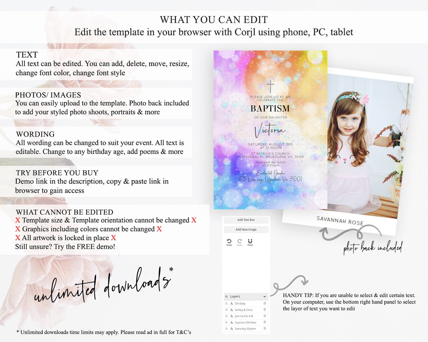 Rainbow Baptism Invitation Colorful Pastel Watercolor Baptism 1st Birthday Invitation Iridescent Glitter Sprinkles Ombre Christening D10690