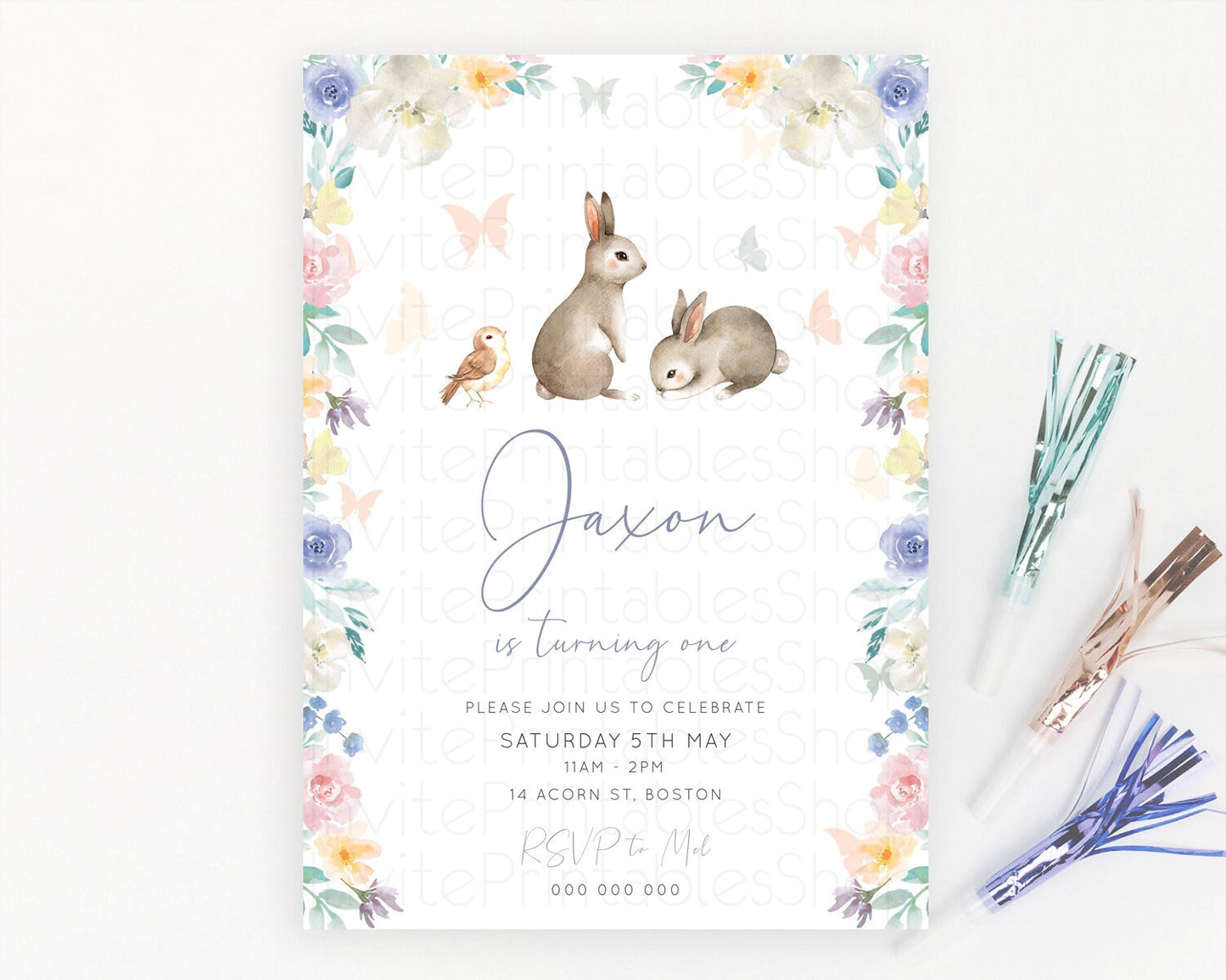 Bunny Birthday Invitation Floral Bunny Invitation Pastel Bunny Invites Pastel Watercolor Woodland Bunny Party 2nd 1st First Birthday D10928