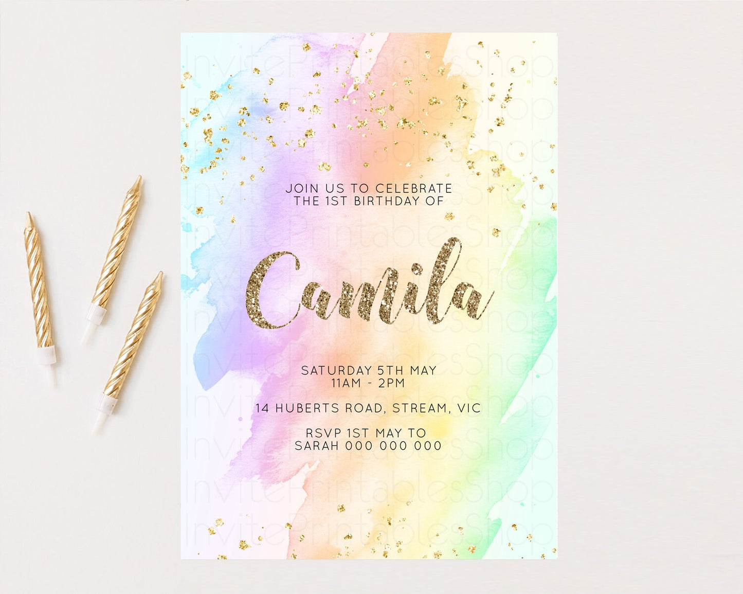 Rainbow Birthday Invitation Glitter Pastel Invitation Colorful Watercolor Gold Foil Splatter Sprinkle Ombre 1st 2nd 3rd Birthday Invite g602