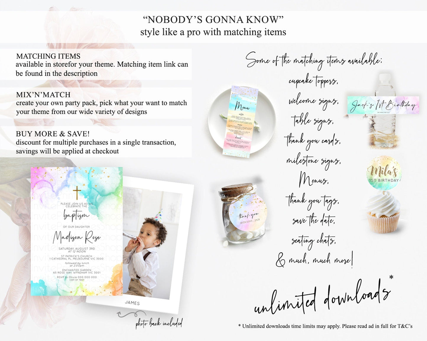 Pastel Baptism Invitation Pastel Colors Watercolor Baptism 1st Birthday Party Gold Ombre Pastel Rainbow Christening Holy Communion D10181