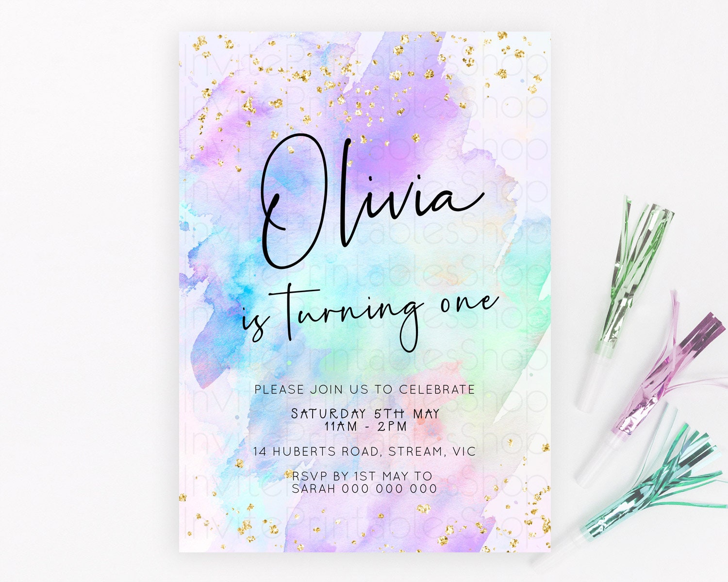Editable Pastel Birthday Invitation Ombre Watercolor Birthday Invitation Gli