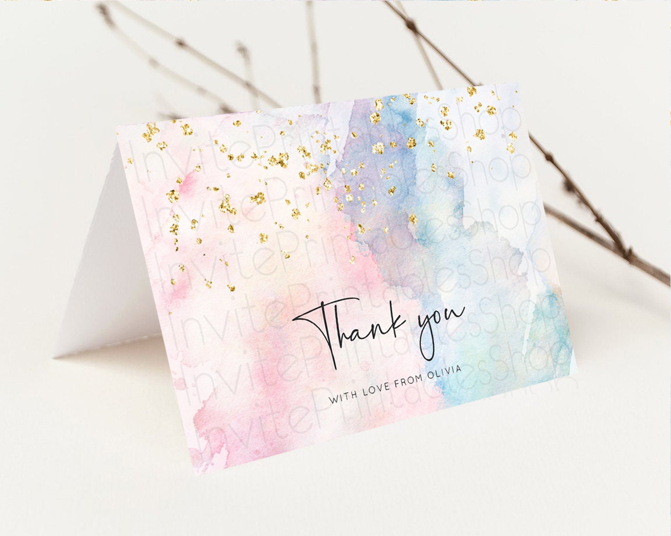 Pastel Rainbow Thank you Colorful Watercolor Gift Cards Splash Gold Glitter Card Birthday Engaged Baby Shower Wedding Folded/ Postcard 276
