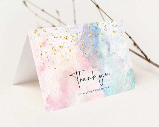 Pastel Rainbow Thank you Colorful Watercolor Gift Cards Splash Gold Glitter Card Birthday Engaged Baby Shower Wedding Folded/ Postcard 276