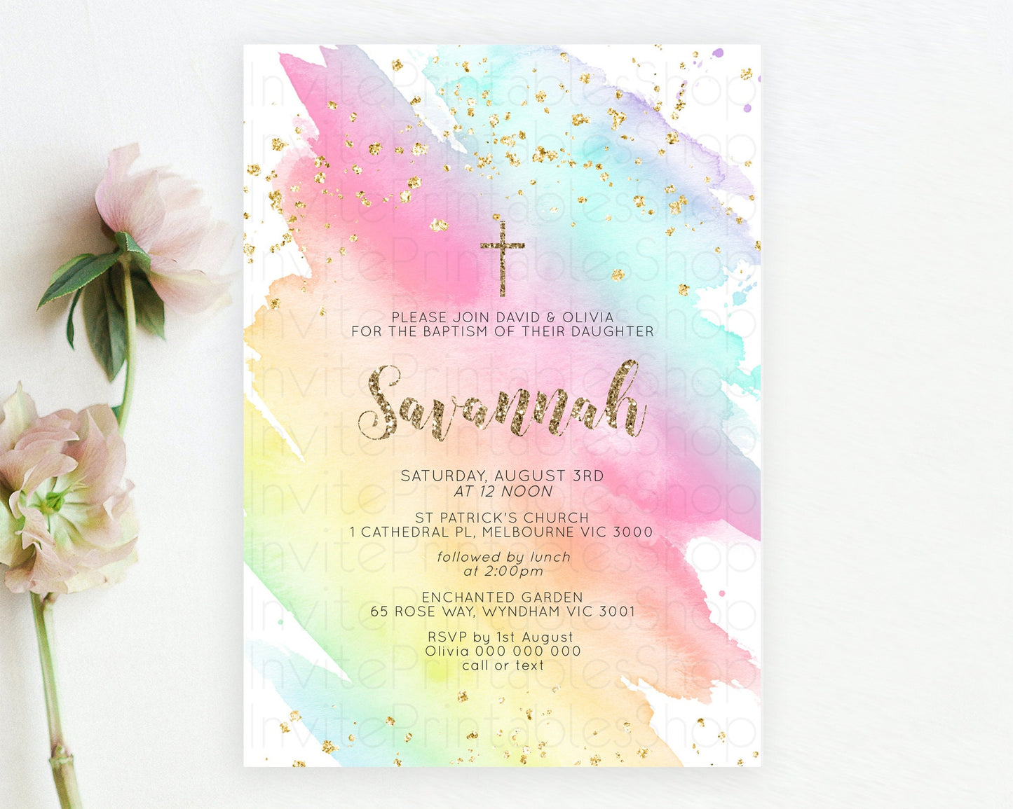 Pastel Baptism Invitation Pastel Colors Watercolor Baptism 1st Birthday Party Gold Ombre Pastel Rainbow Christening Holy Communion D10495