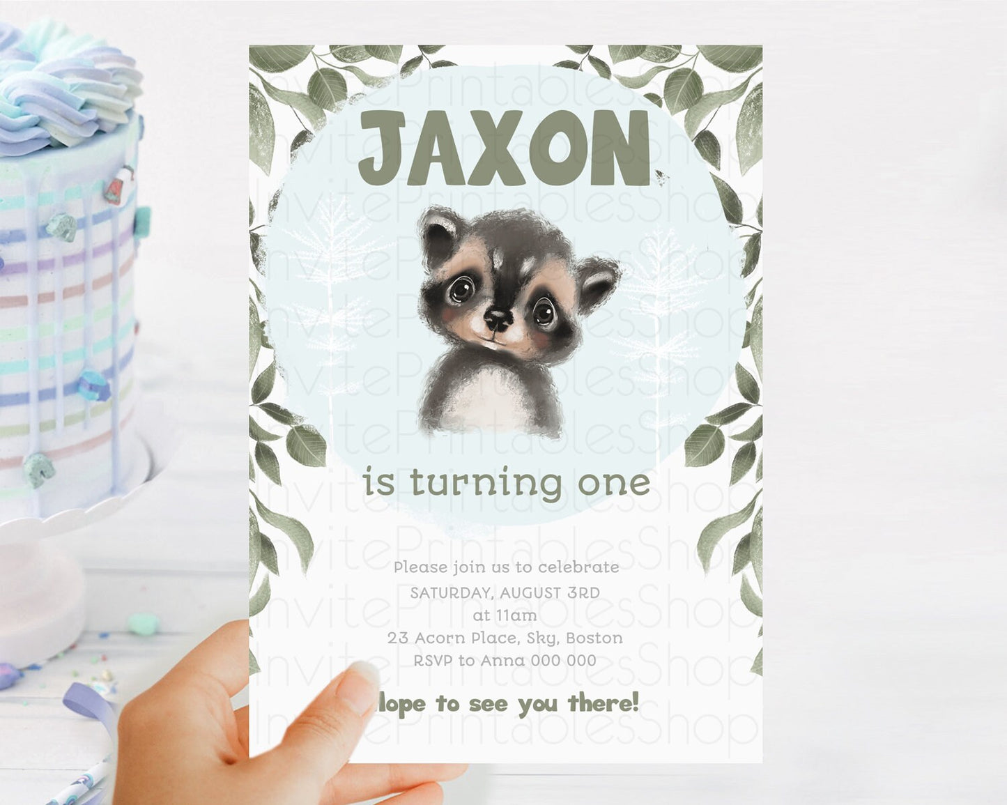 Raccoon Birthday Invitation Raccoon Invite Enchanted Forest Adventure Birthday Woodland Invitation Baby Raccoon 1st First Birthday D10100