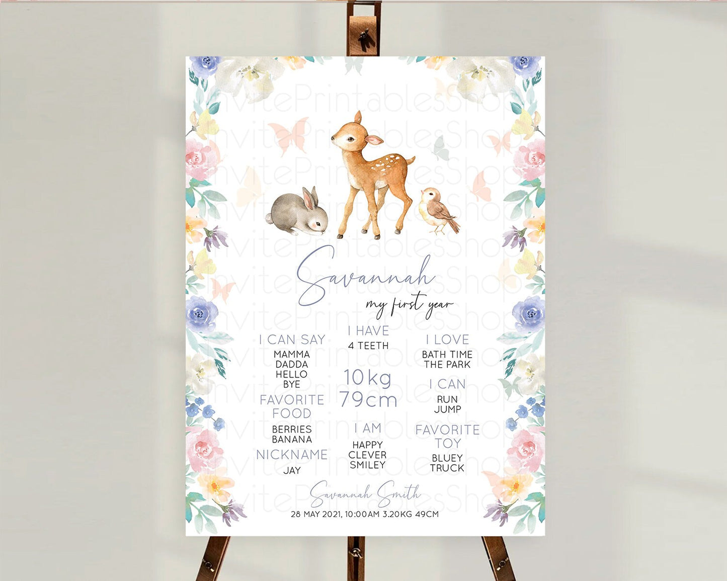 Fawn First Birthday Milestone Board Deer First Birthday Milestone Poster Enchanted Forest Butterfly Pastel Flowers 1st Birthday Sign D10930