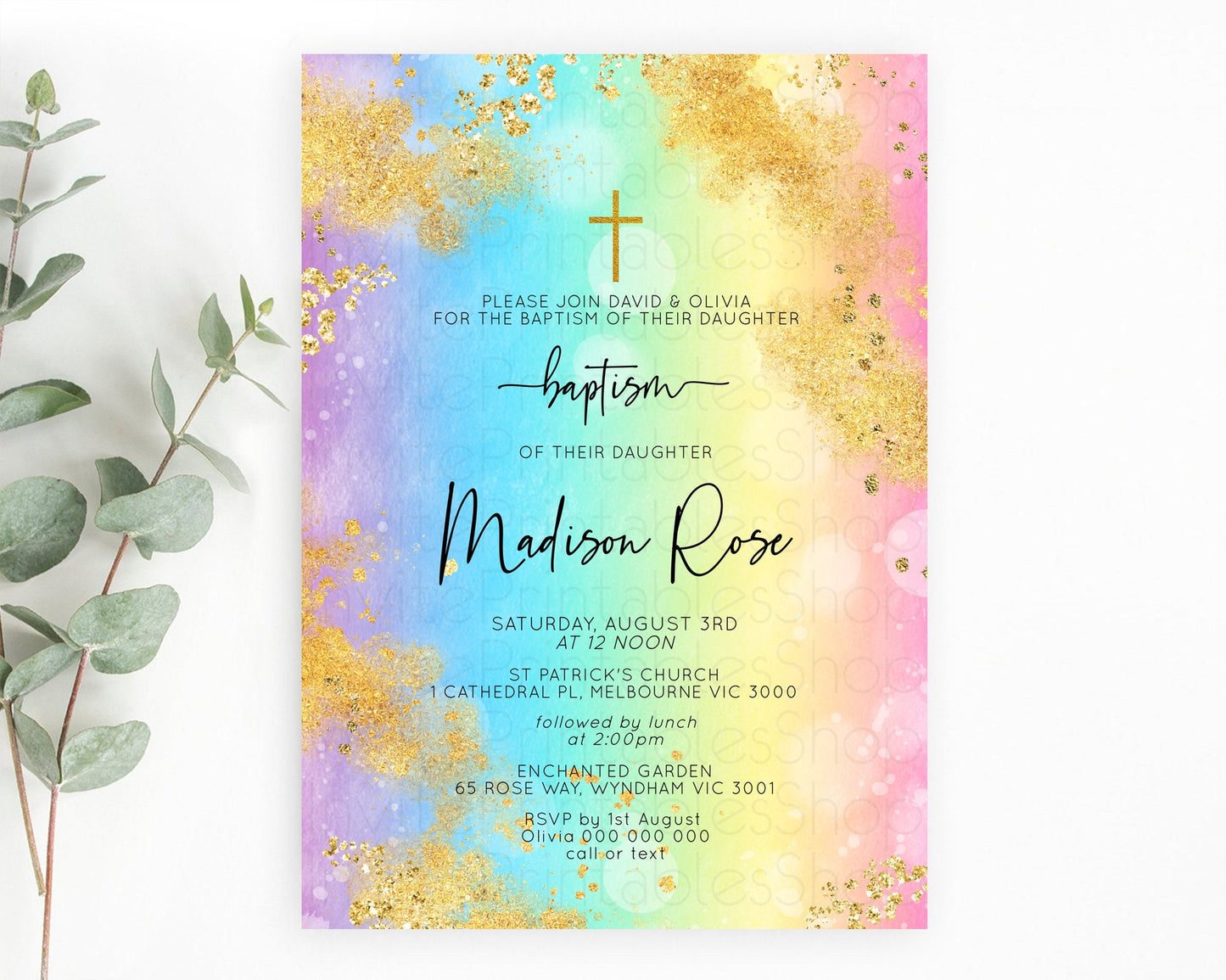 Pastel Baptism Invitation Pastel Colors Watercolor Baptism 1st Birthday Party Gold Ombre Pastel Rainbow Christening Holy Communion D10559